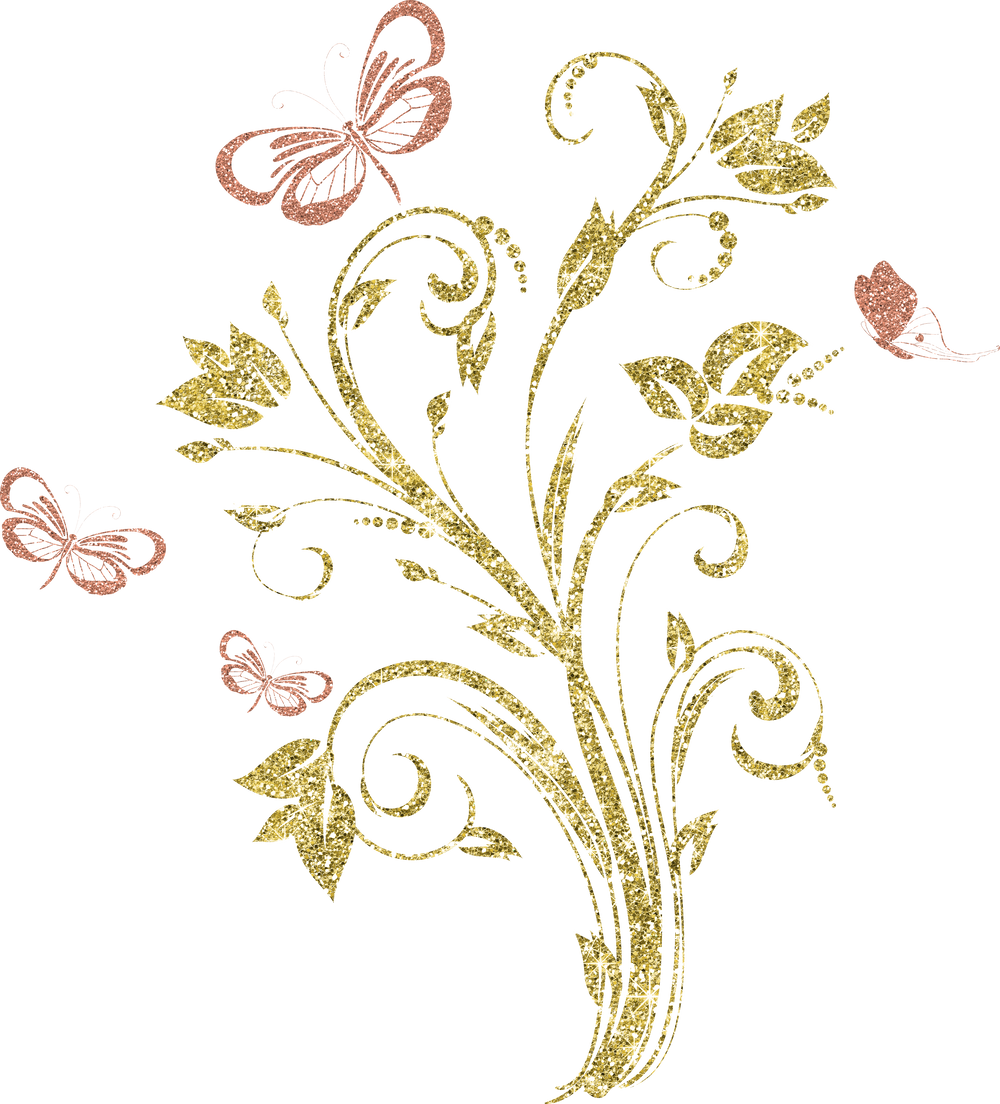 Gold Flower Plant with Butterflies Illustration